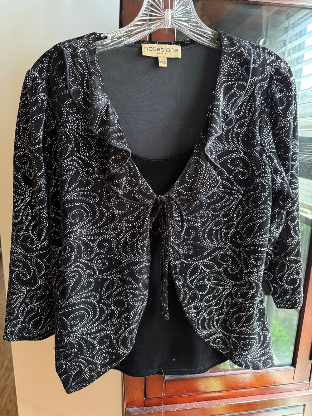 Notations Black Rhinestone-Embellished Tie-Front Cardigan